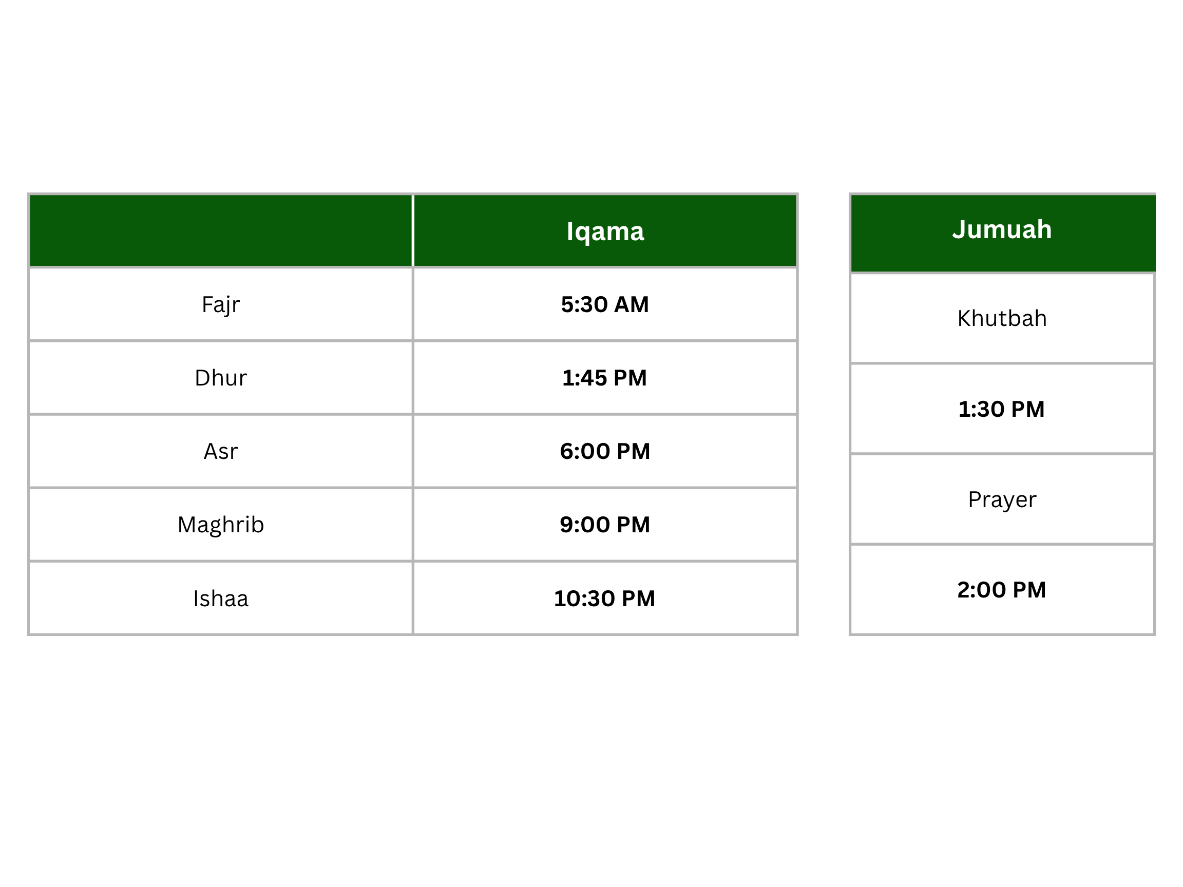 Table with Iqama times and Jumuah prayer times.