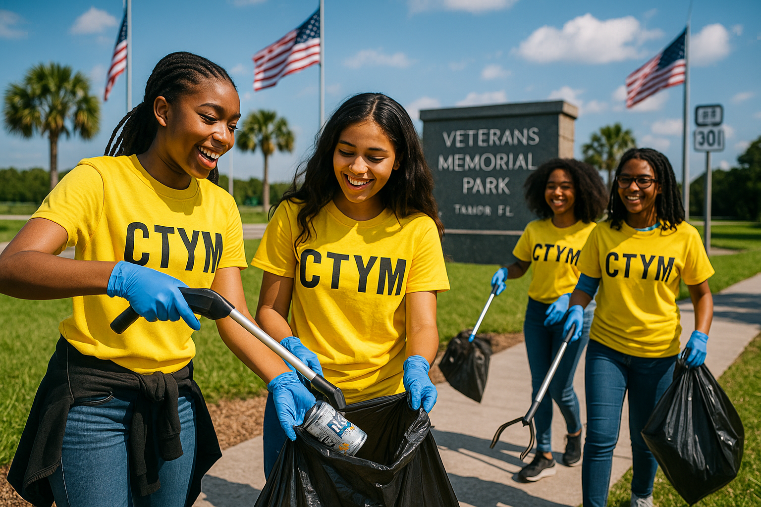 Group of young women in yellow t-shirts with 'CTYM' printed on them, cleaning up a park with trash bags and litter pickers on a sunny day.