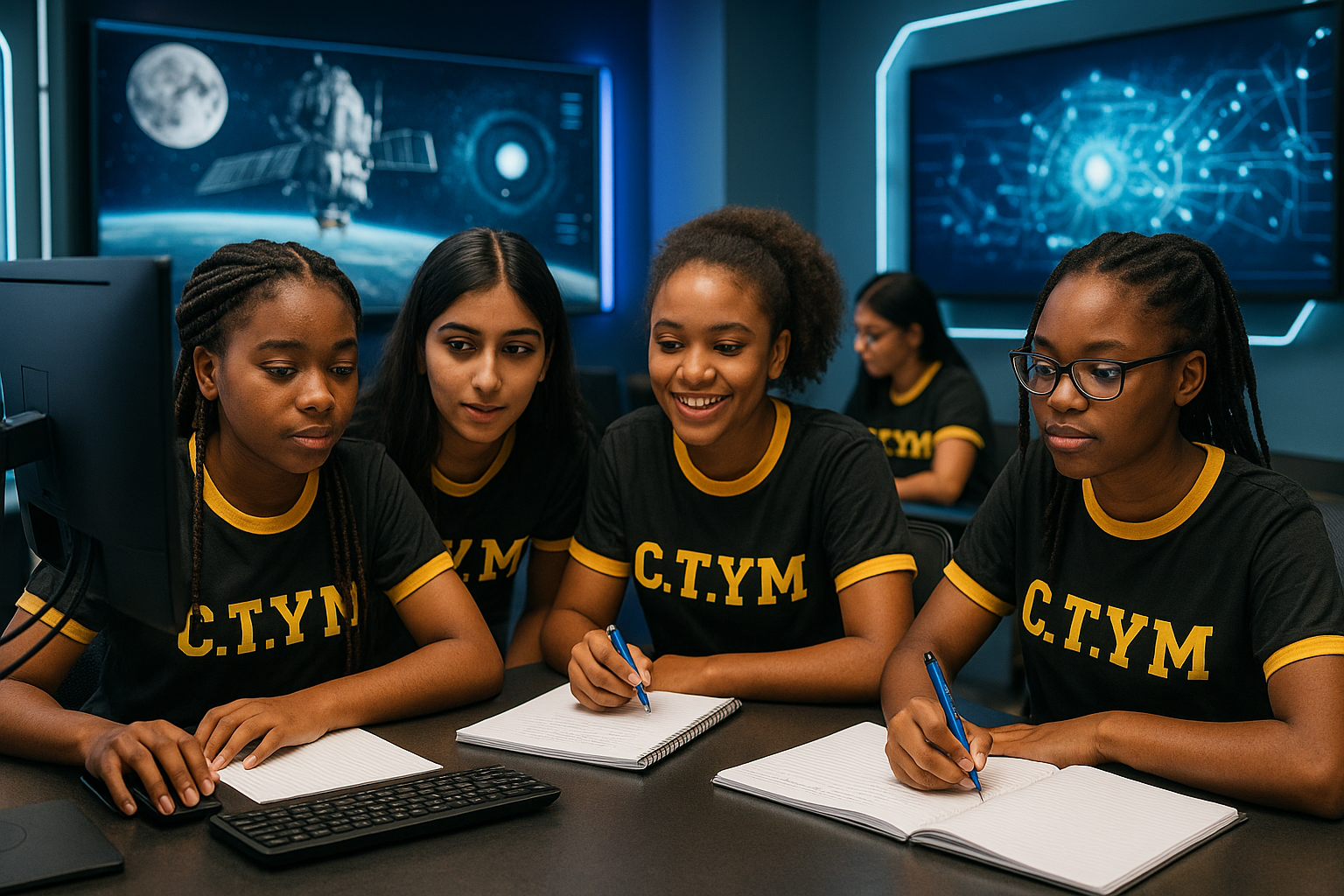Four girls in black and yellow shirts with 'C.T.YM' on them, sitting at a table in a tech or science classroom, looking at computer screens, with notebooks and pens, with a space-themed digital display in the background.