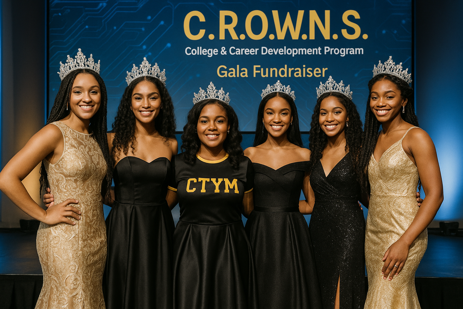 Six women wearing formal dresses and crowns posing on stage during a college and career development program event, with a large sign in the background that reads 'C.R.O.W.N.S. College & Career Development Program Gala Fundraiser'.