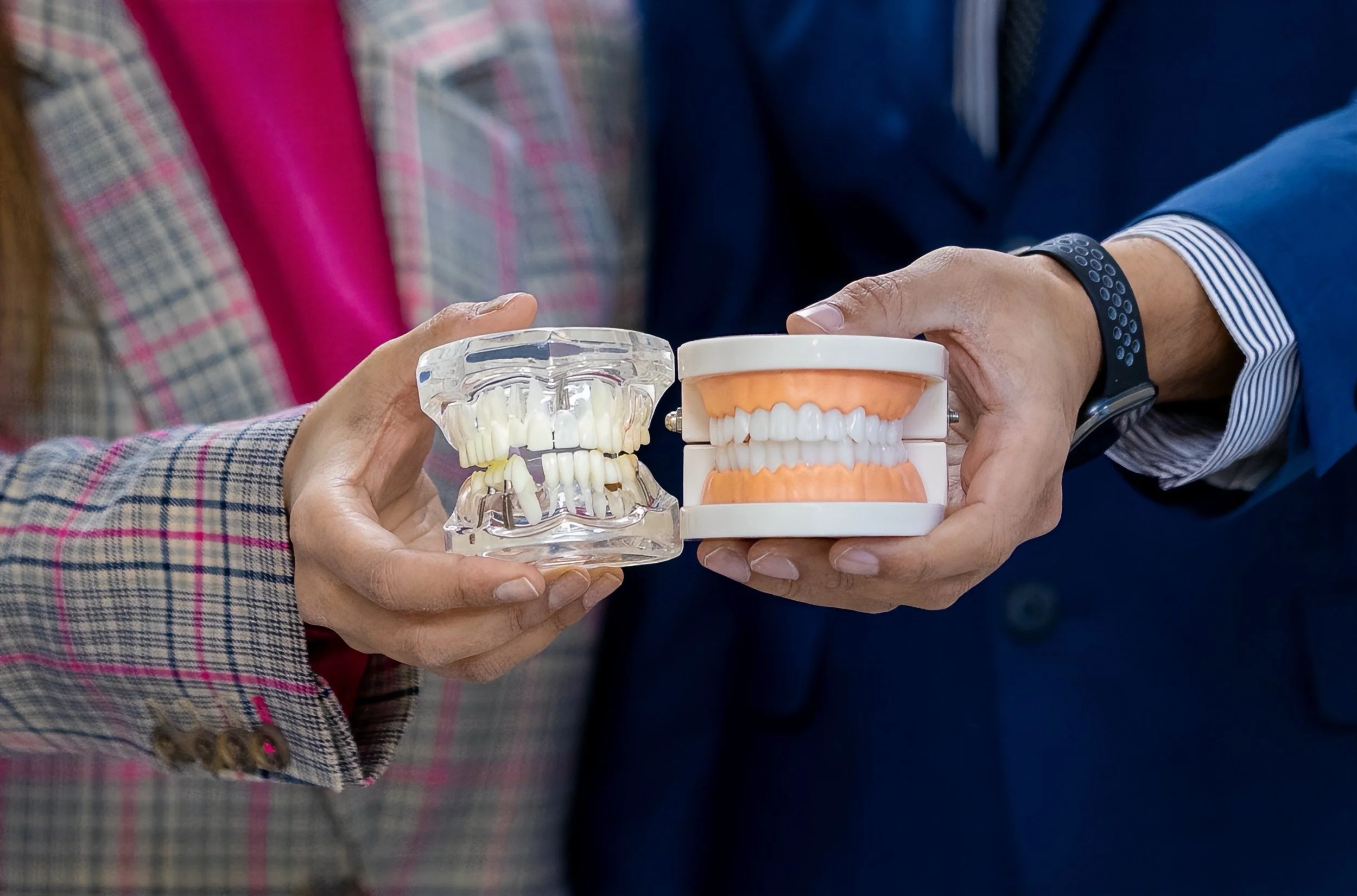 Dr. Narain and Dr. Singh holding dental models, one with a clear transparent set of teeth and the other with a traditional set, in a dental office.
