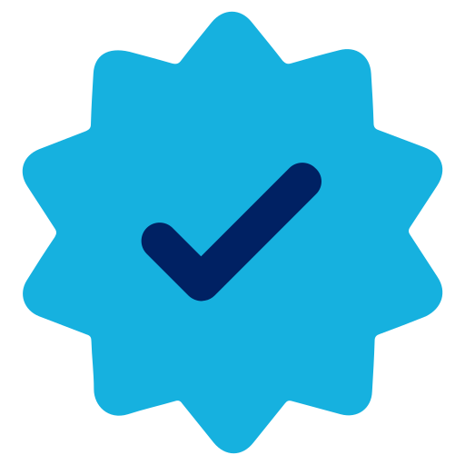 A blue badge with a dark blue checkmark in the center.