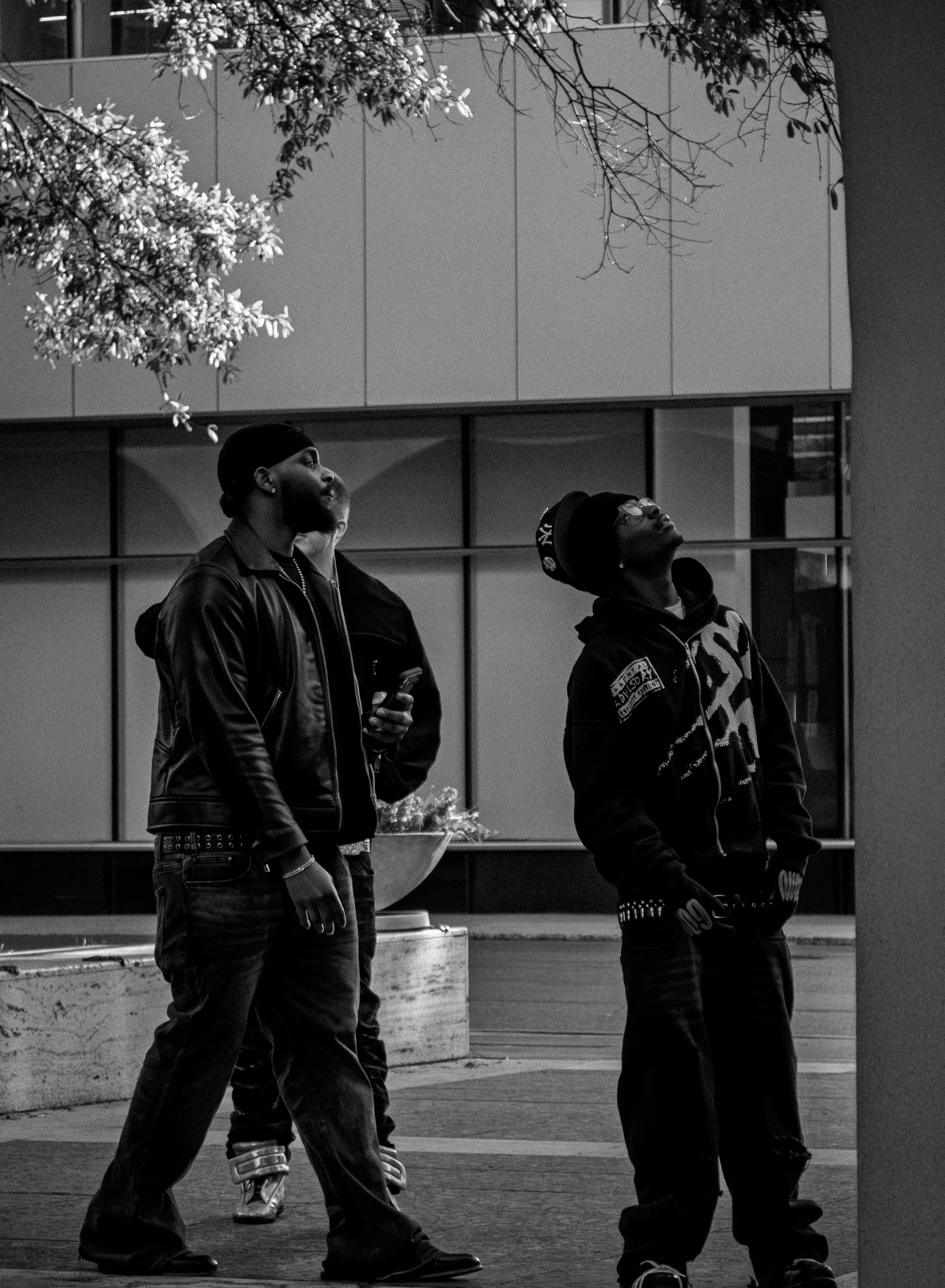Three men standing outdoors in front of a modern building, looking upward, with trees and cloudy sky above, black and white photograph.