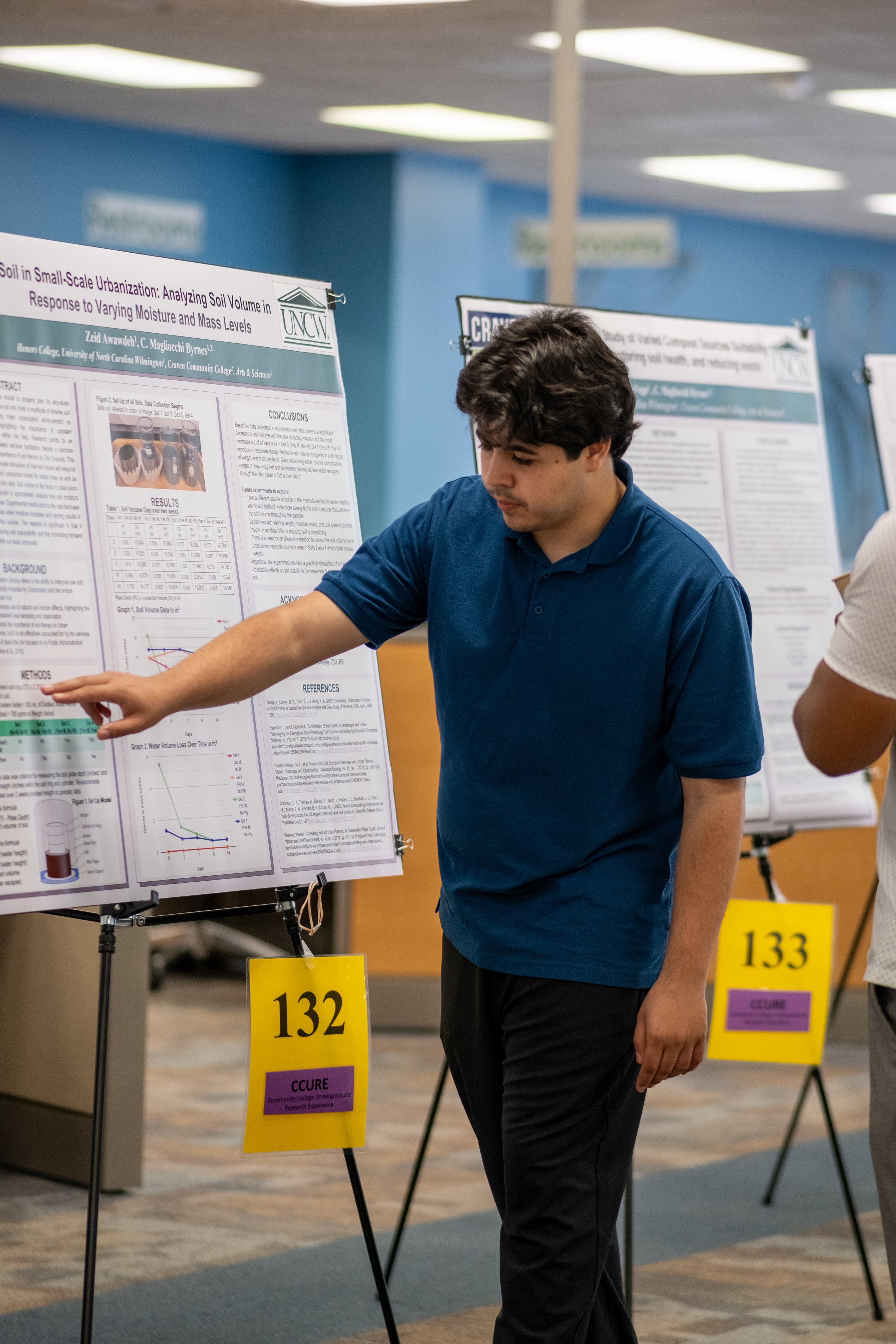 A young man in a blue polo shirt is examining a research poster at an academic conference. The poster discusses soil analysis and is part of a research event, with yellow and purple labels on stands in front of the posters.