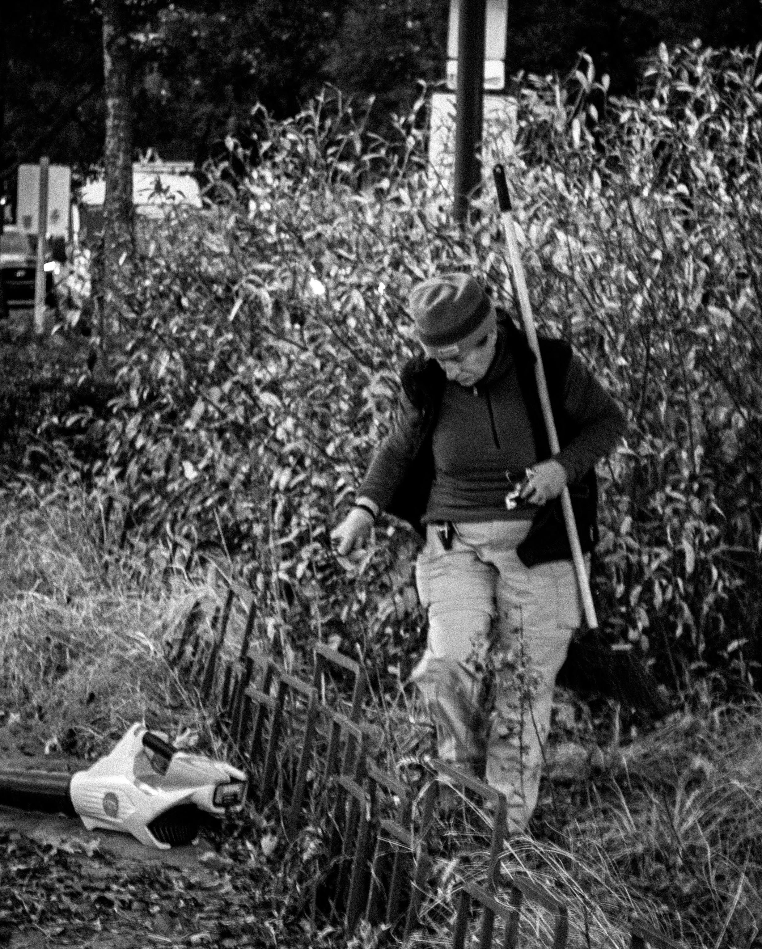 A person in outdoor attire, wearing a hat and glasses, is raking leaves or debris near a small fence, with a leaf blower on the ground nearby, in a natural setting.