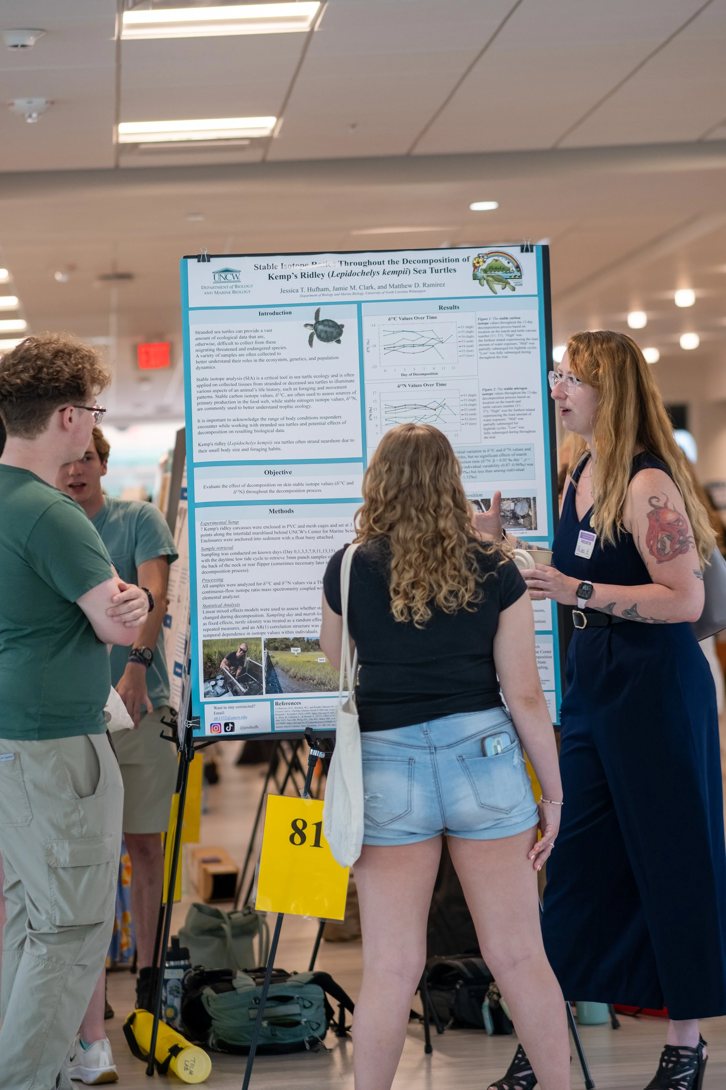 People gathered around a research poster presentation at an indoor event or conference.