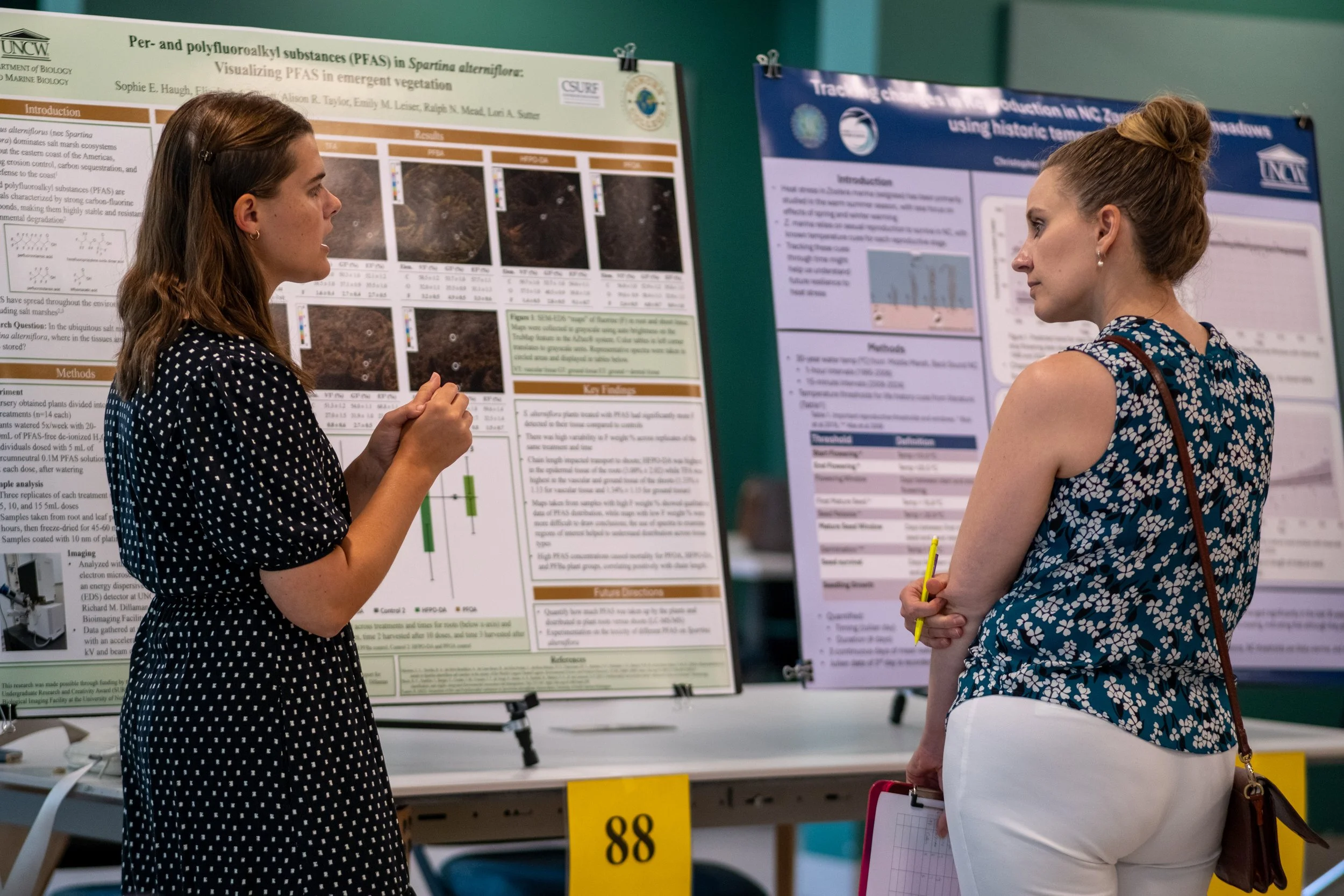 Two women are standing and talking in front of scientific research posters at an academic conference, one woman with brown hair wearing a black dress with white polka dots, the other with blonde hair in a bun wearing a floral sleeveless top and white