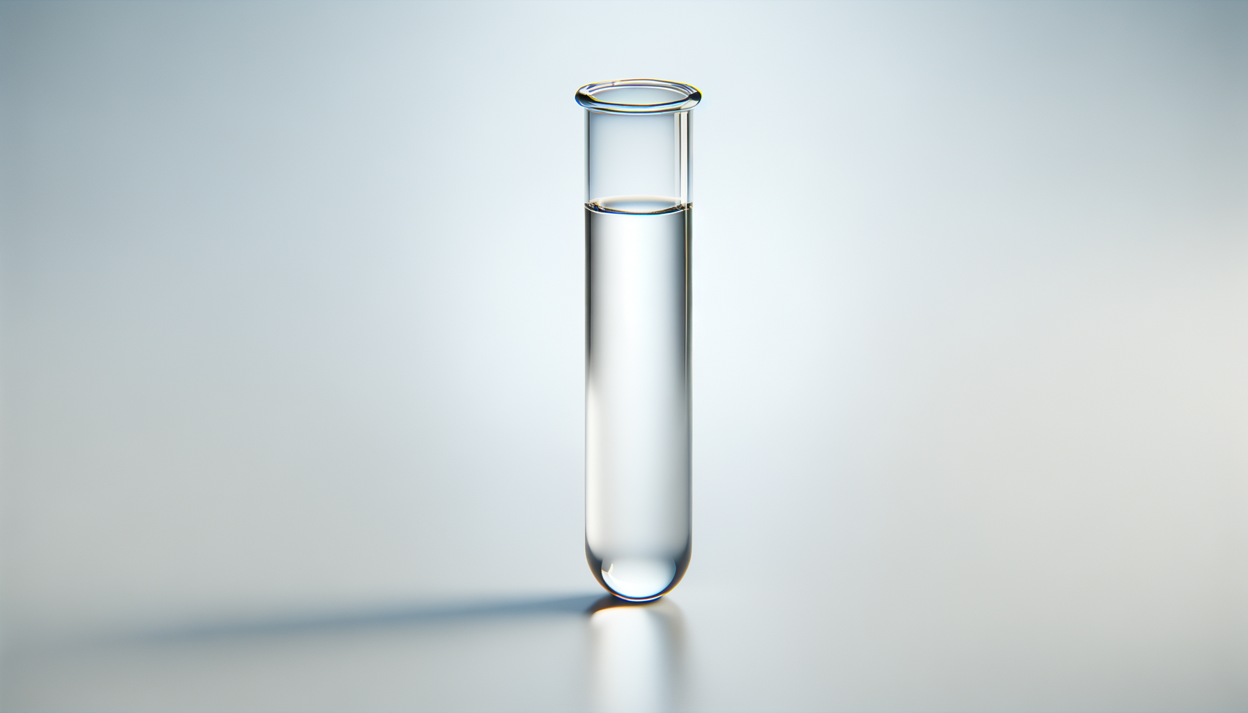 A clear glass test tube filled with a transparent liquid, standing upright on a plain light background.