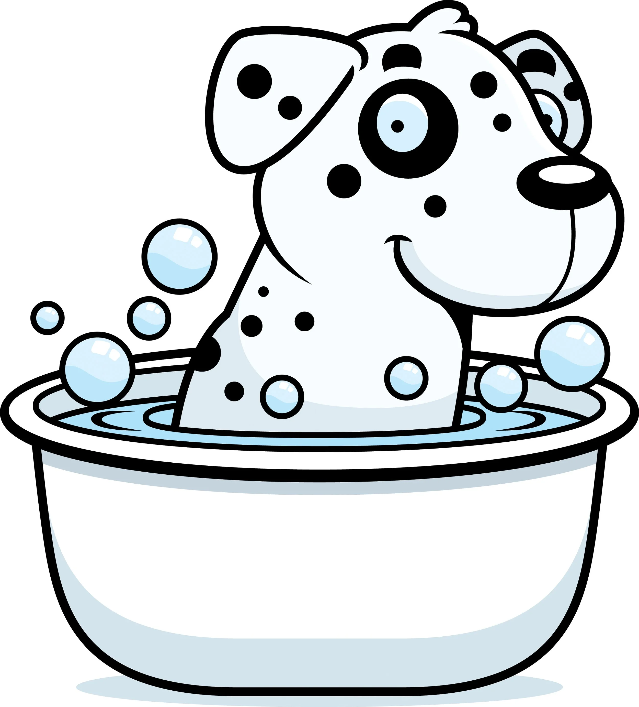 A cute cartoon Dalmatian puppy with black spots in a bathtub filled with water and bubbles.