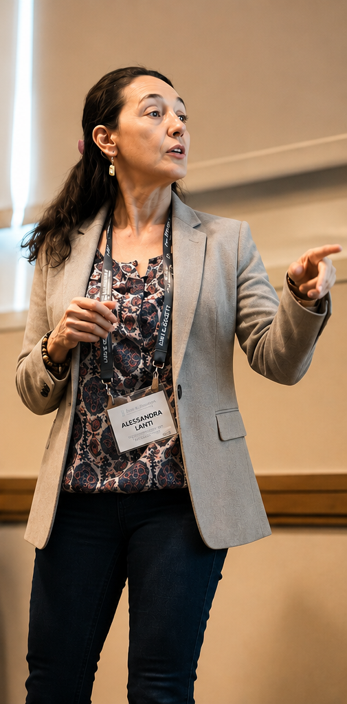 Alessandra wearing a beige blazer and patterned blouse, is speaking and gesturing at a conference or seminar. She has a name tag that reads Alessandra Lanti.
