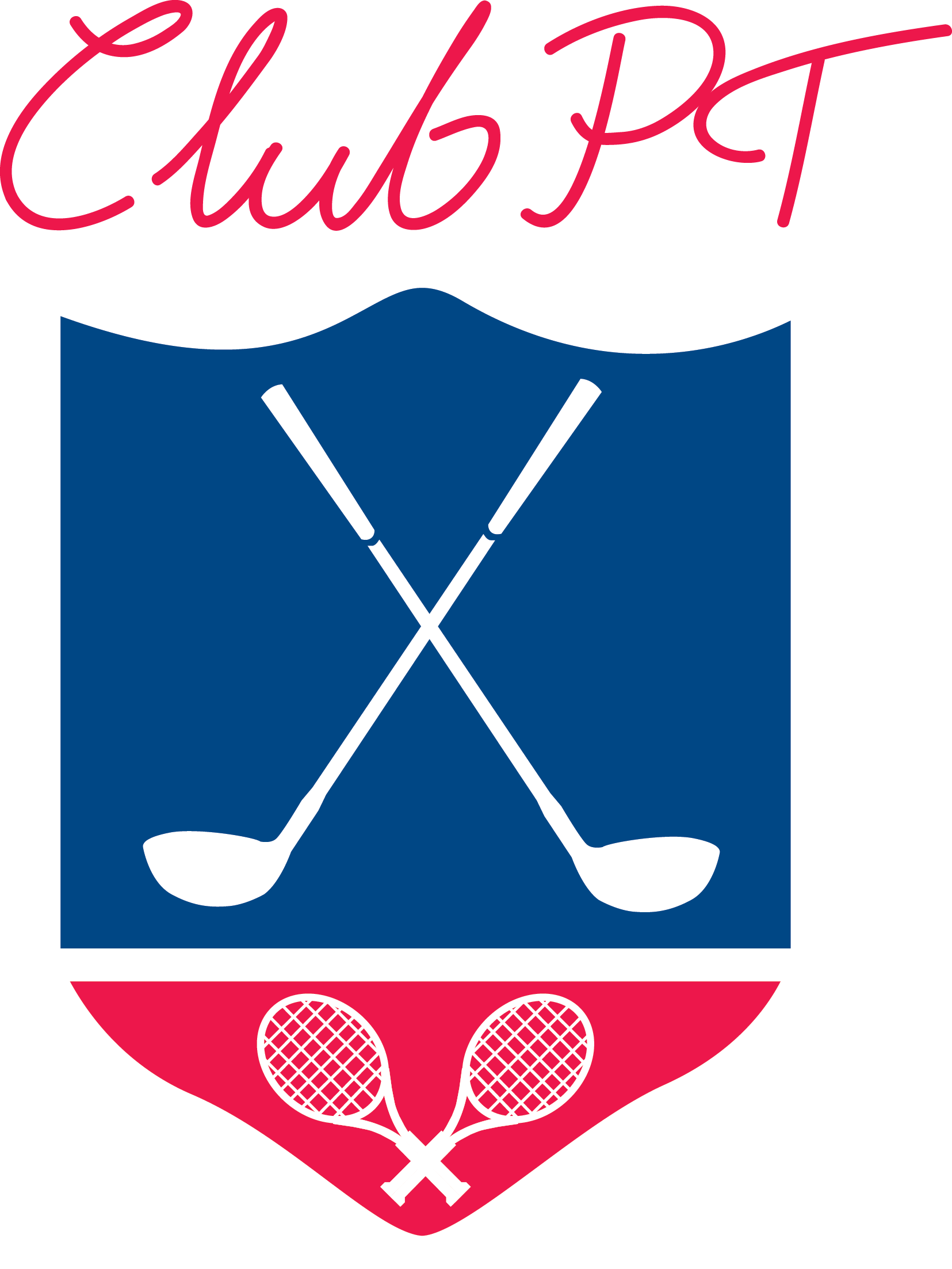 A logo for a golf club with crossed golf clubs and two tennis rackets at the bottom, with 'Club PT' written in stylized text at the top.
