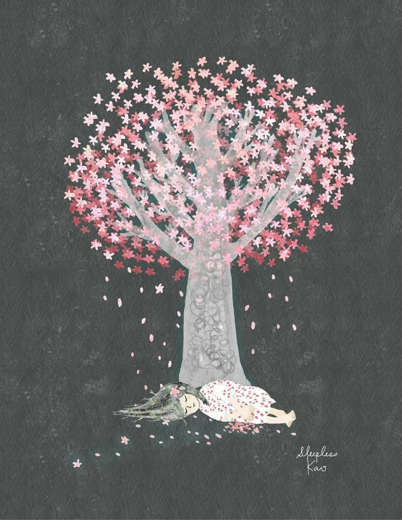Dreamy illustration of a girl lying under a glowing cherry blossom tree at night, her hair resembling seeds, eyes closed with a gentle smile
