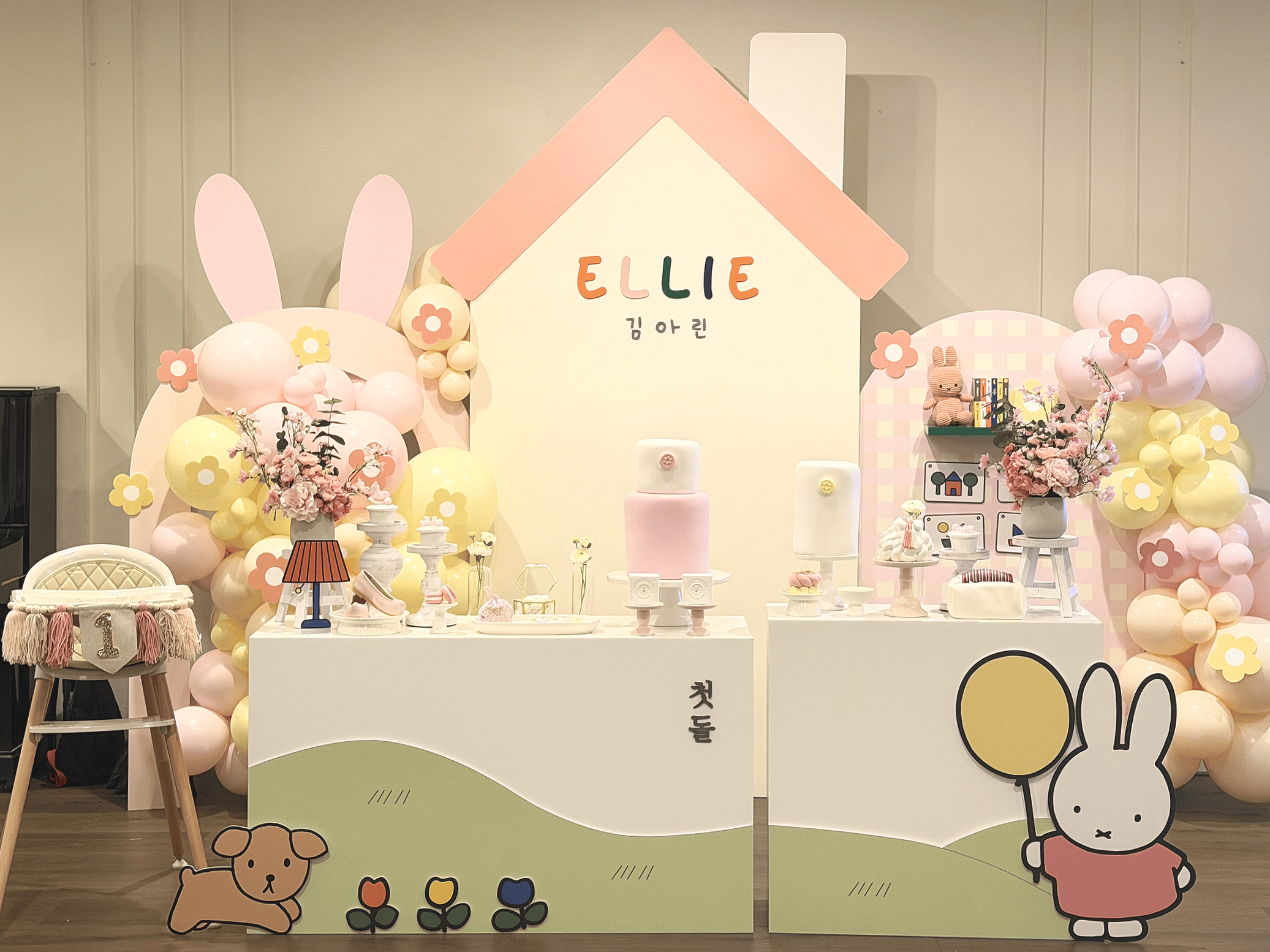 Miffy themed first birthday dol / dohl table styling in Los Angeles. Soft pastel Korean dol setup by MilkBaby.