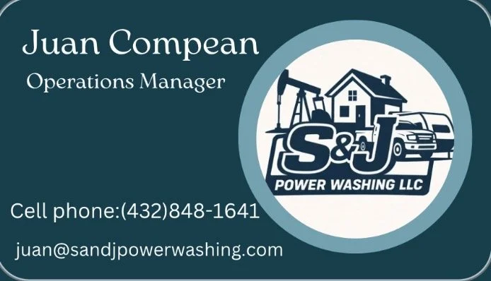 Business card for Juan Compean, Operations Manager at S&J Power Washing LLC. Includes contact info and company logo with house, oil pump, and vehicle.