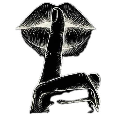 Digital illustration of lips with a finger held vertically in front of them in a shushing gesture, all in black and white.