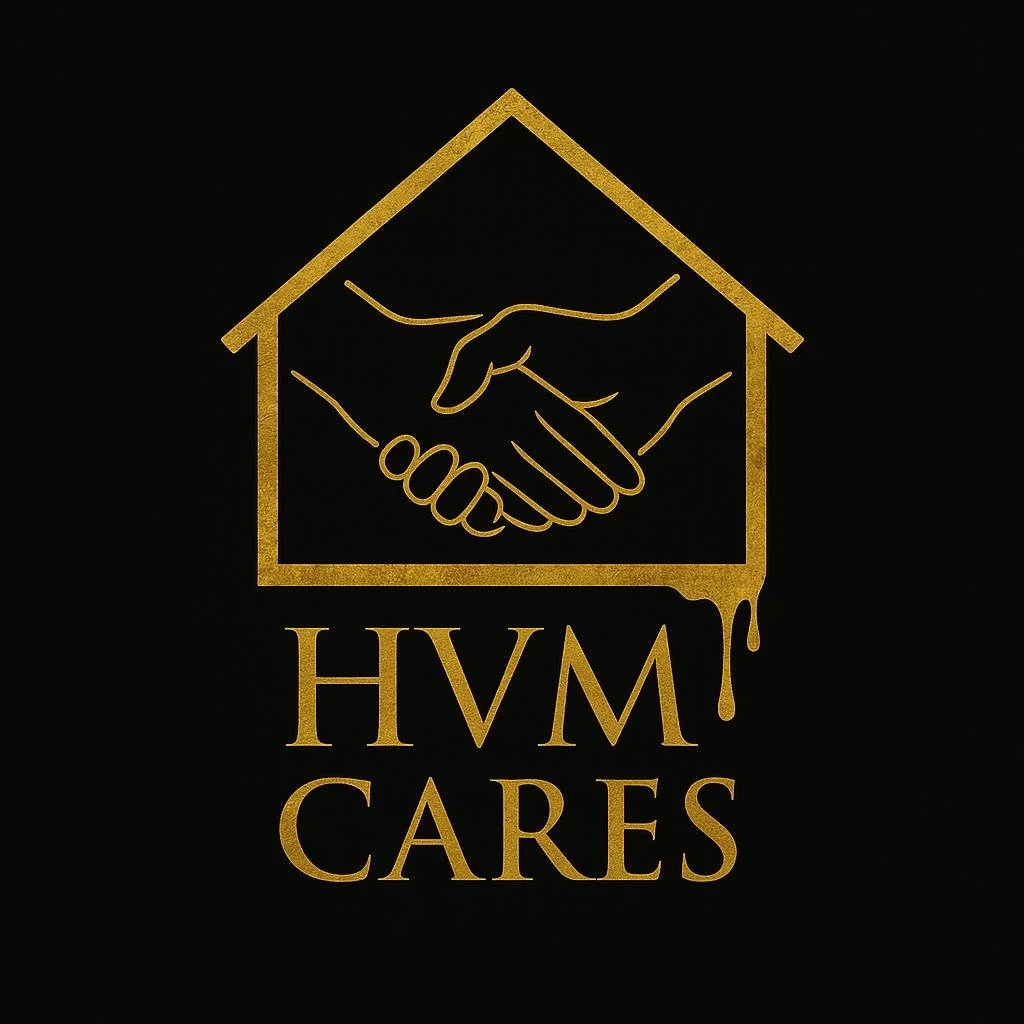 A black background with a gold line drawing of two hands shaking inside a house outline. Below, the text 'HVM CARES' is written in gold.