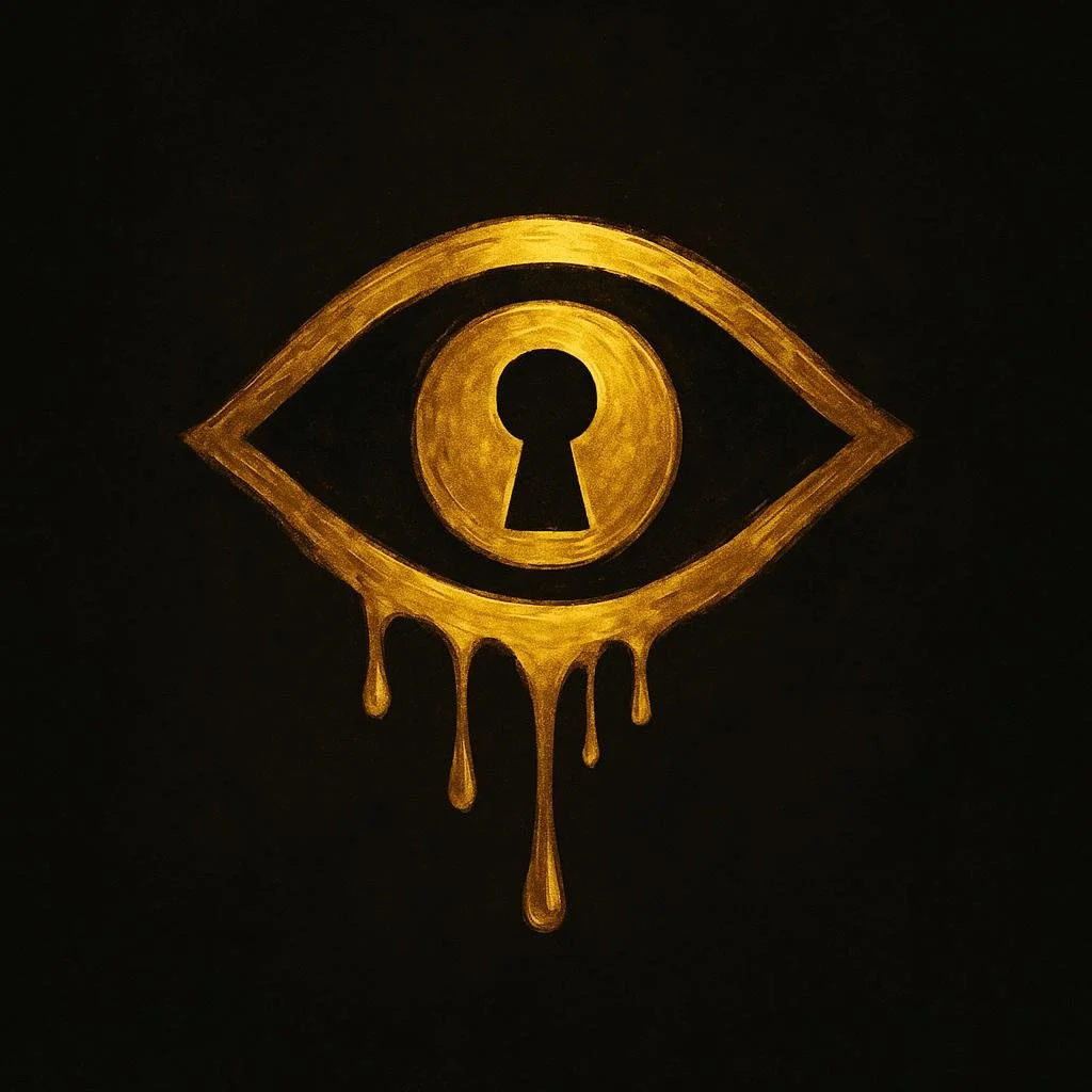A black background with a gold eye illustration, where the iris is a keyhole, and gold paint drips down from the bottom of the eye.