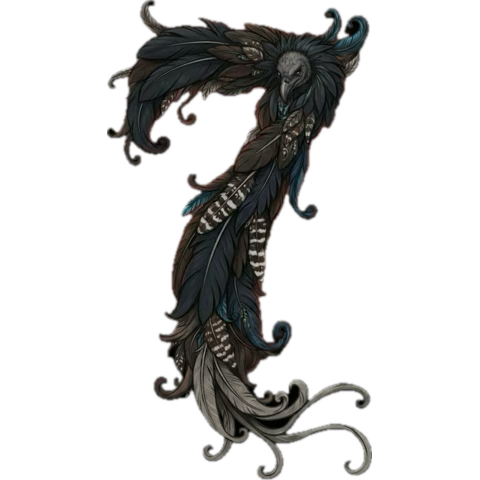 An artistic depiction of a mythical creature combining a bird and a feathered headdress with dark, detailed feathers and intricate patterns.