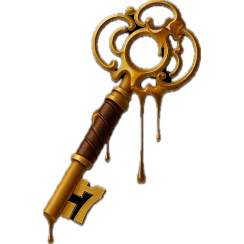 An ornate gold skeleton key with intricate loops and patterns, dripping with gold liquid against a black background.