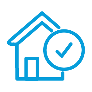Outline of a house with a checkmark inside a circle in front of it, representing a verified or approved home.