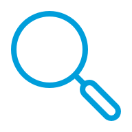 Magnifying glass icon with blue outline.