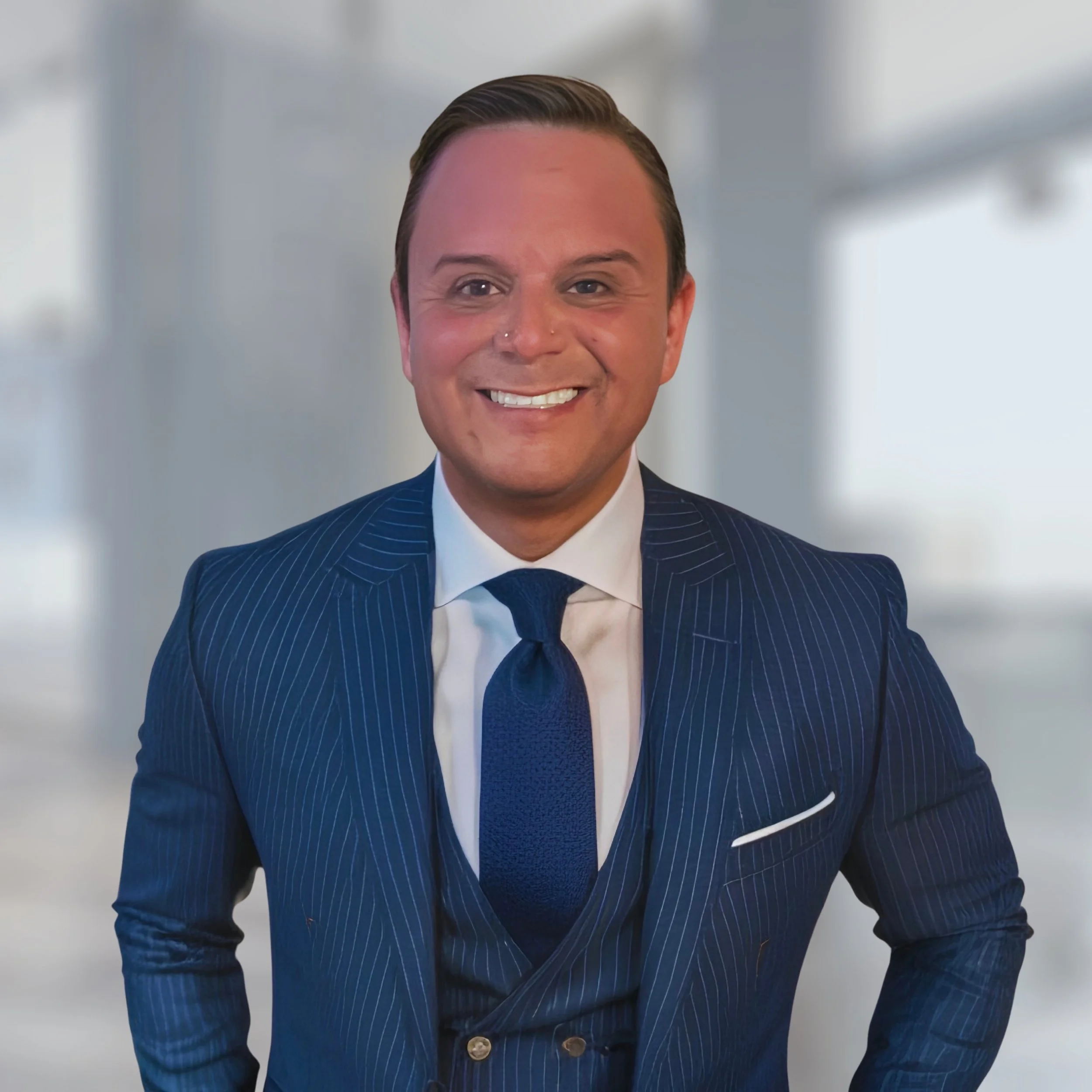 Jason Hernandez, smiling and wearing a dark blue pinstripe suit, white shirt, and dark blue tie, standing in a bright, blurred office setting.
