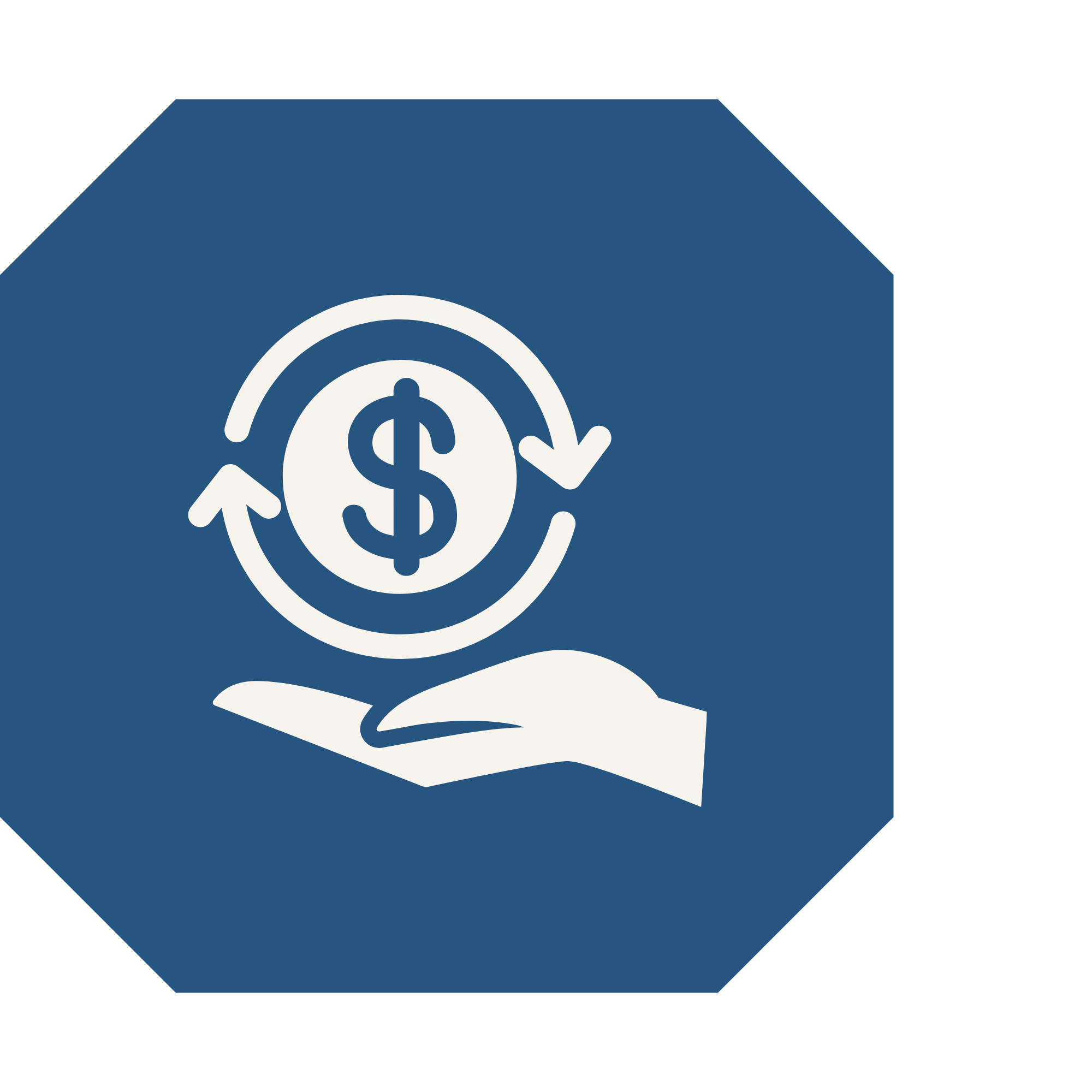 Icon of a hand holding a dollar sign with circular arrows around it, symbolizing money transfer or financial cycle, on a dark blue background.