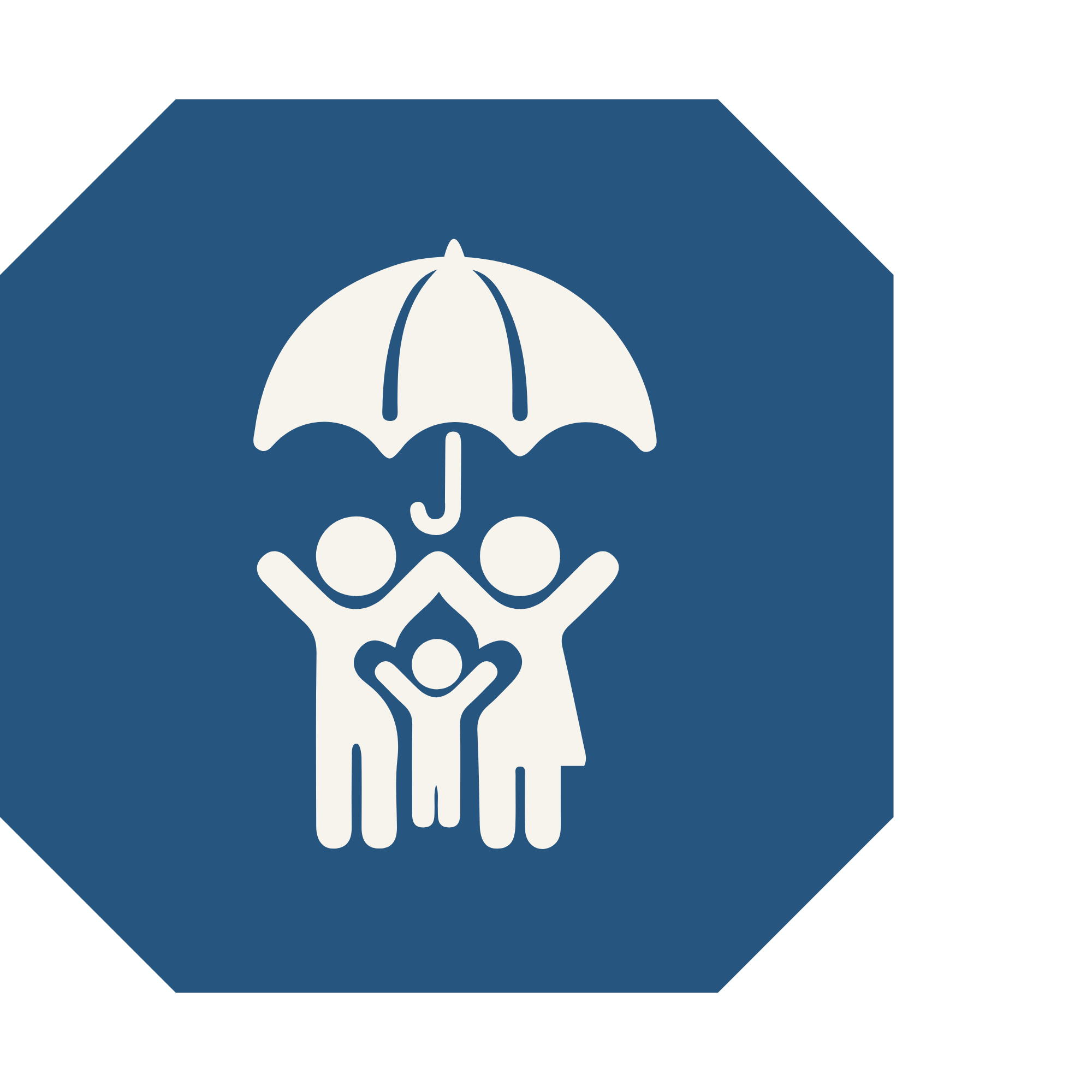 Icon of a family with two adults and one child holding hands under an umbrella, symbolizing family protection and support.