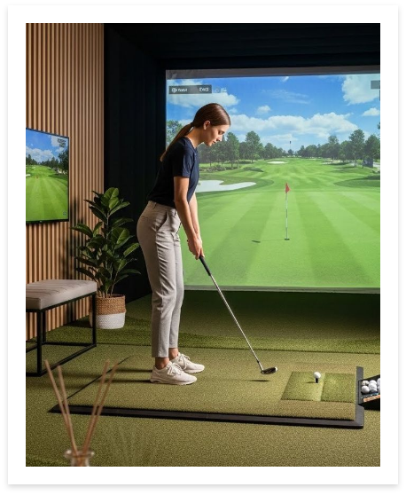 Woman practicing golf swing indoors with a view of a golf course on a large screen