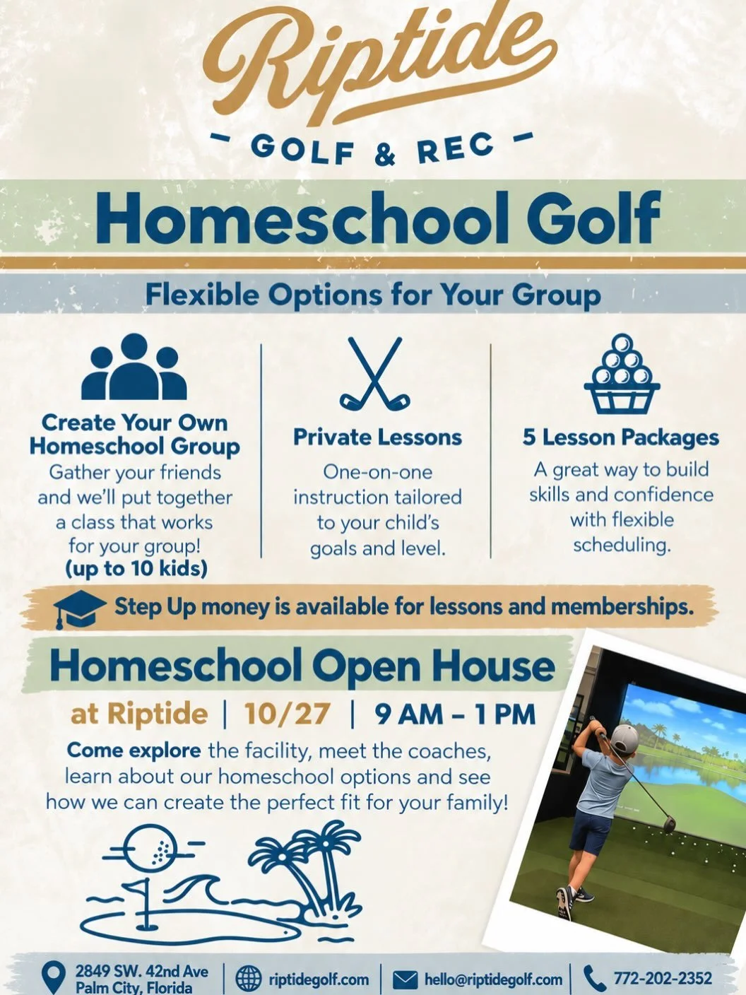 Homeschool families &mdash; come check out Riptide! ⛳️ Join us for our Homeschool Open House on 10/27 from 9&ndash;1 to explore the facility, meet the coaches, and learn about flexible golf options for your family.