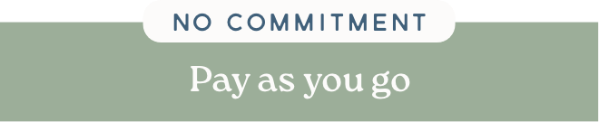 Sign with white oval at top reading 'NO COMMITMENT', green background, and white text below saying 'Pay as you go'.