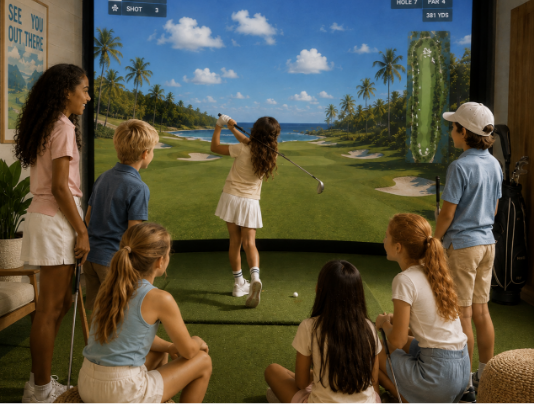 Kids and teenagers at an indoor golf simulator, watching a girl swinging a golf club. The background shows a virtual golf course with palm trees under a blue sky.