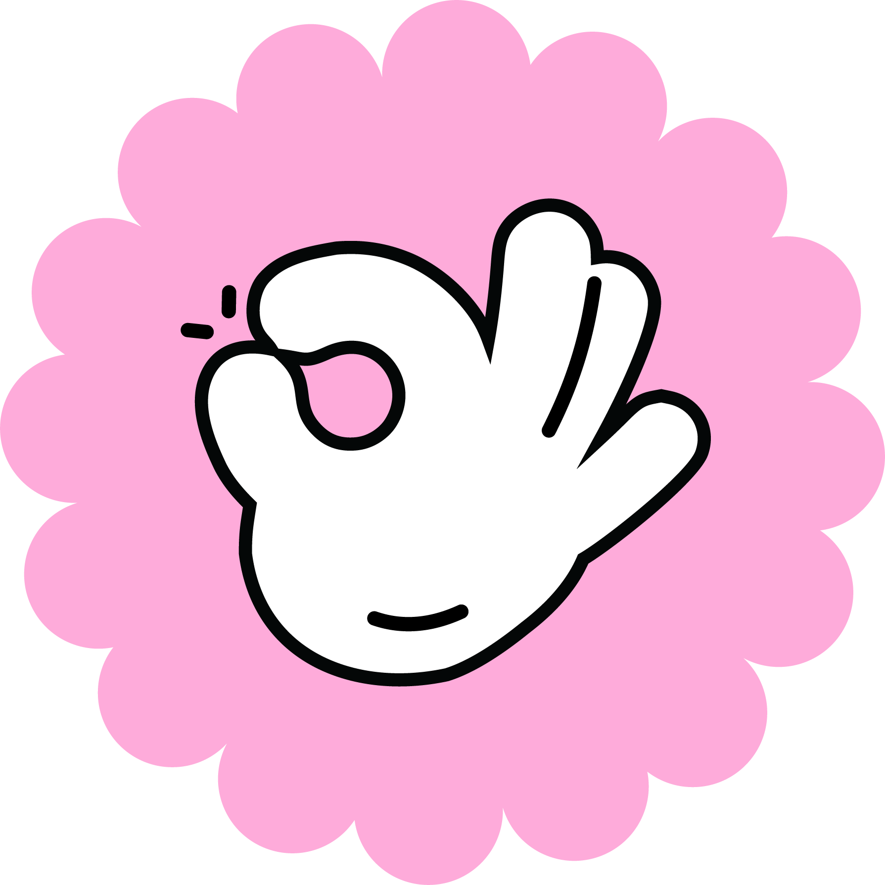 A cartoon hand making an OK gesture with the thumb and index finger touching, surrounded by a pink cloud-like background.