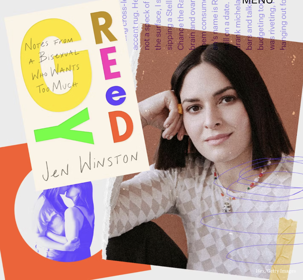 Photograph of Jen Winston smiling, with dark hair, wearing a white textured top and colorful jewelry, resting her head on her hand. The image includes a collage-style background with text, graphics, and handwritten notes, including the title 'REDDY' and the phrase 'Notes from a Bisexual Who Wants Too Much'.