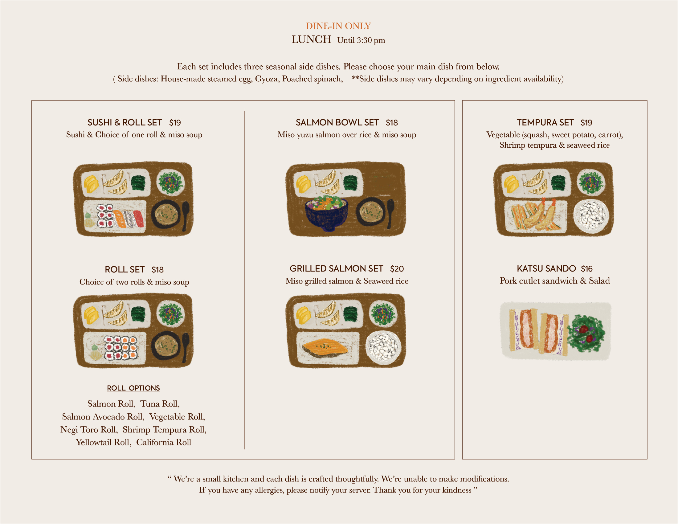 A restaurant menu offering various Japanese lunch sets, including sushi and roll sets, salmon bowl, tempura set, grilled salmon set, and katsu sando, with section headers, dish descriptions, prices, and handwritten-style illustrations of each meal.