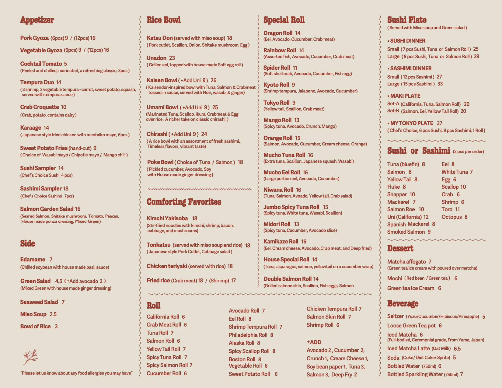 Fresh sushi and sashimi as signature. A menu featuring sections for appetizers, rice bowls, comforting favorites, sides, rolls, special rolls, sushi or sashimi, desserts, beverages, and additional options, with descriptions and prices for each item.