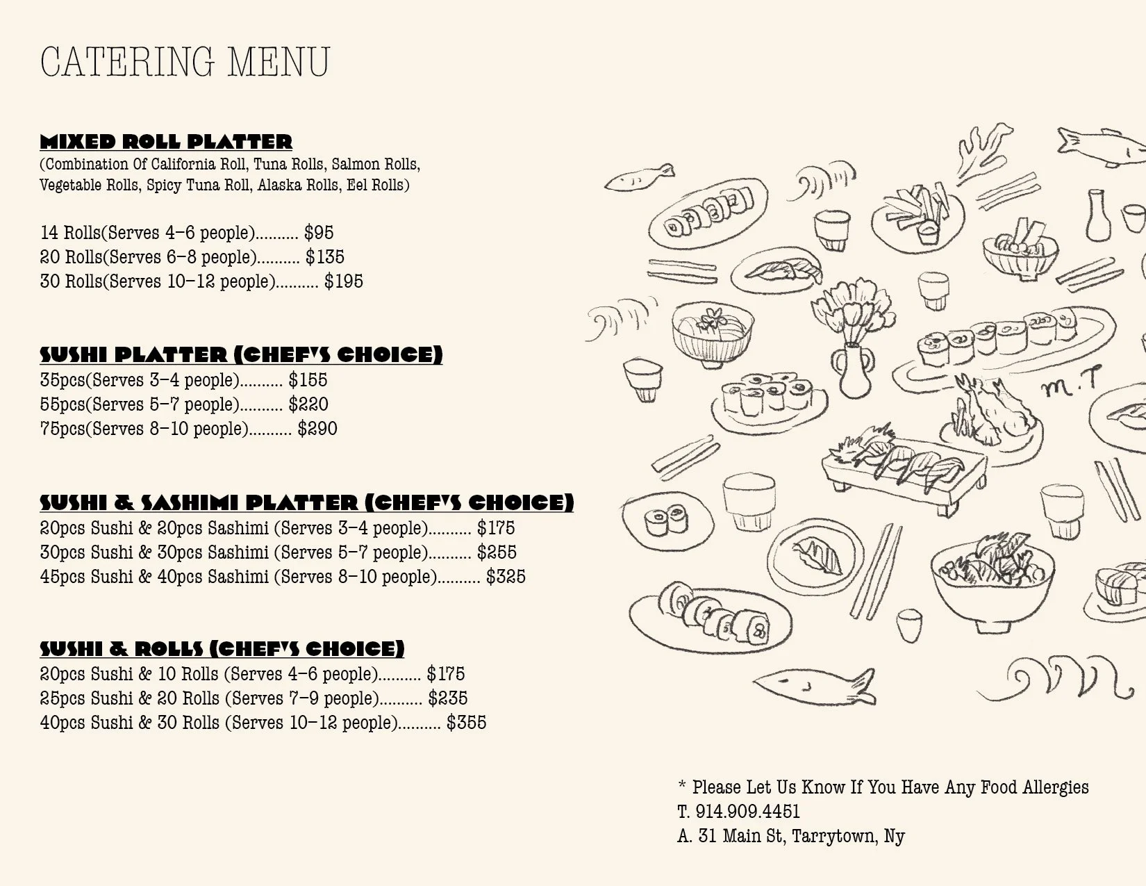 Menu with catering options for various sushi and roll platters, including mixed roll, sushi, sashimi, and combination platters, along with illustrated sushi, sashimi, rolls, chopsticks, and related items surrounding the menu.