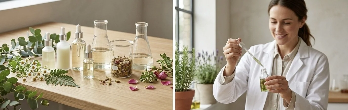 One panel shows some beakers and bottles containing natural beauty products. Second panel shows a chemist pouring ingredient into a bottle.