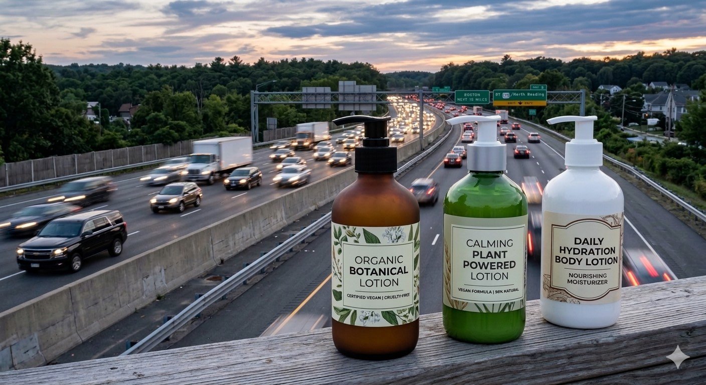 Three lotion bottles are placed on a wooden railing against a backdrop of vehicles on a highway