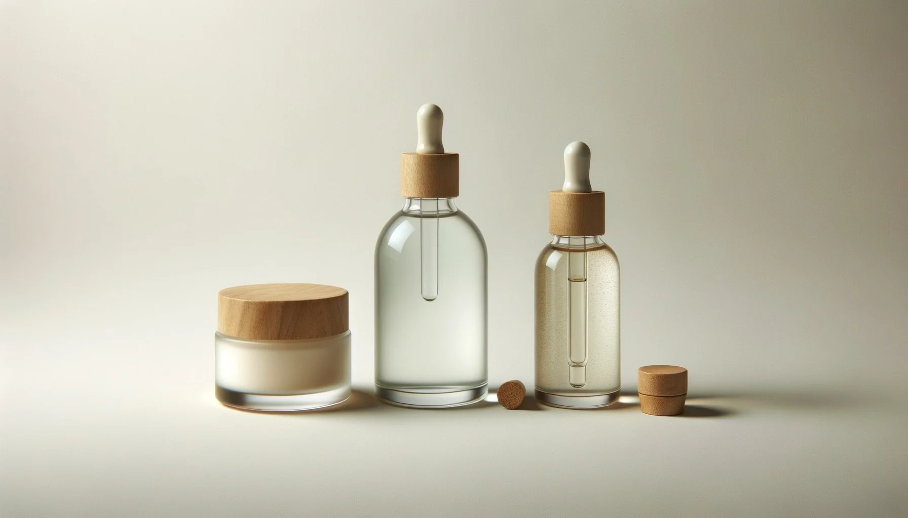 Serum glass dropper bottles with wooden caps and cream jar with a wooden lid.