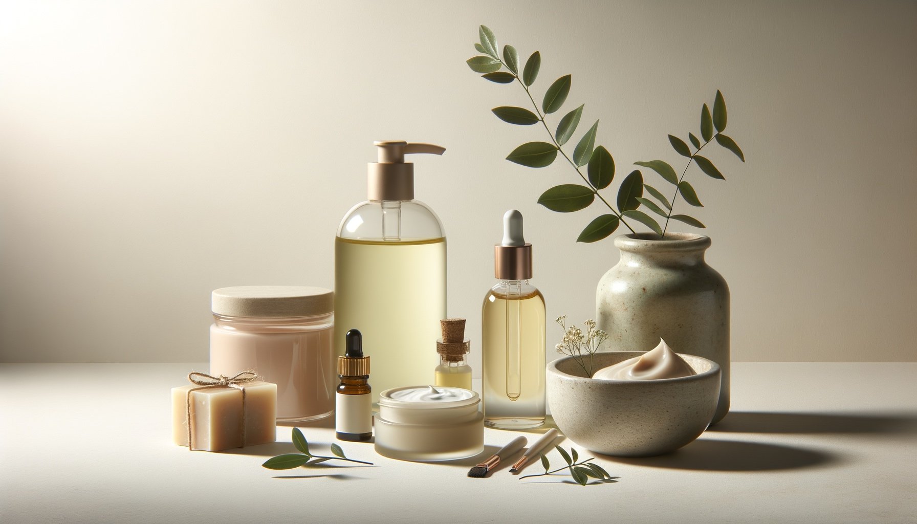 A collection of eco-friendly and sustainable skincare and beauty products, including bottles, jars, a bar of soap.