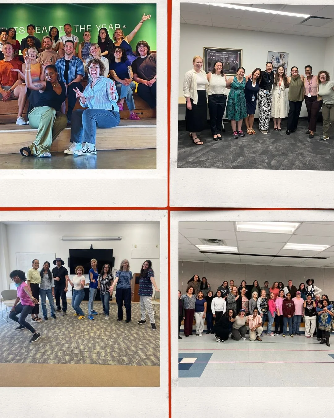 Four group photos of diverse women and men in different indoor settings, posing together for pictures and enjoying each other's company.