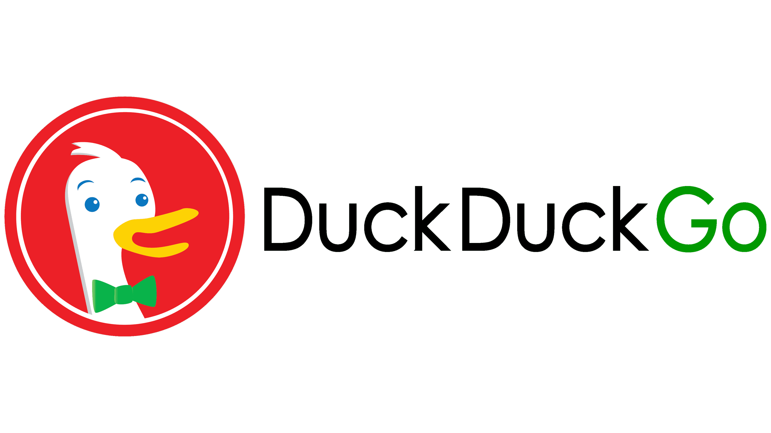 DuckDuckGo logo with a cartoon duck wearing a green bow tie and the text 'DuckDuckGo'.