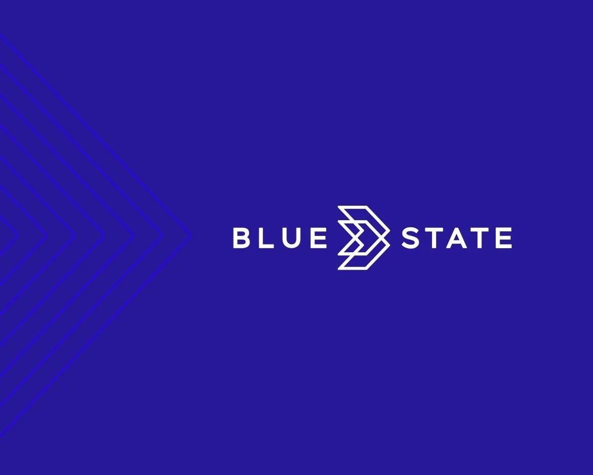 Blue background with white text that says "Blue State" and a stylized arrow logo pointing to the right.