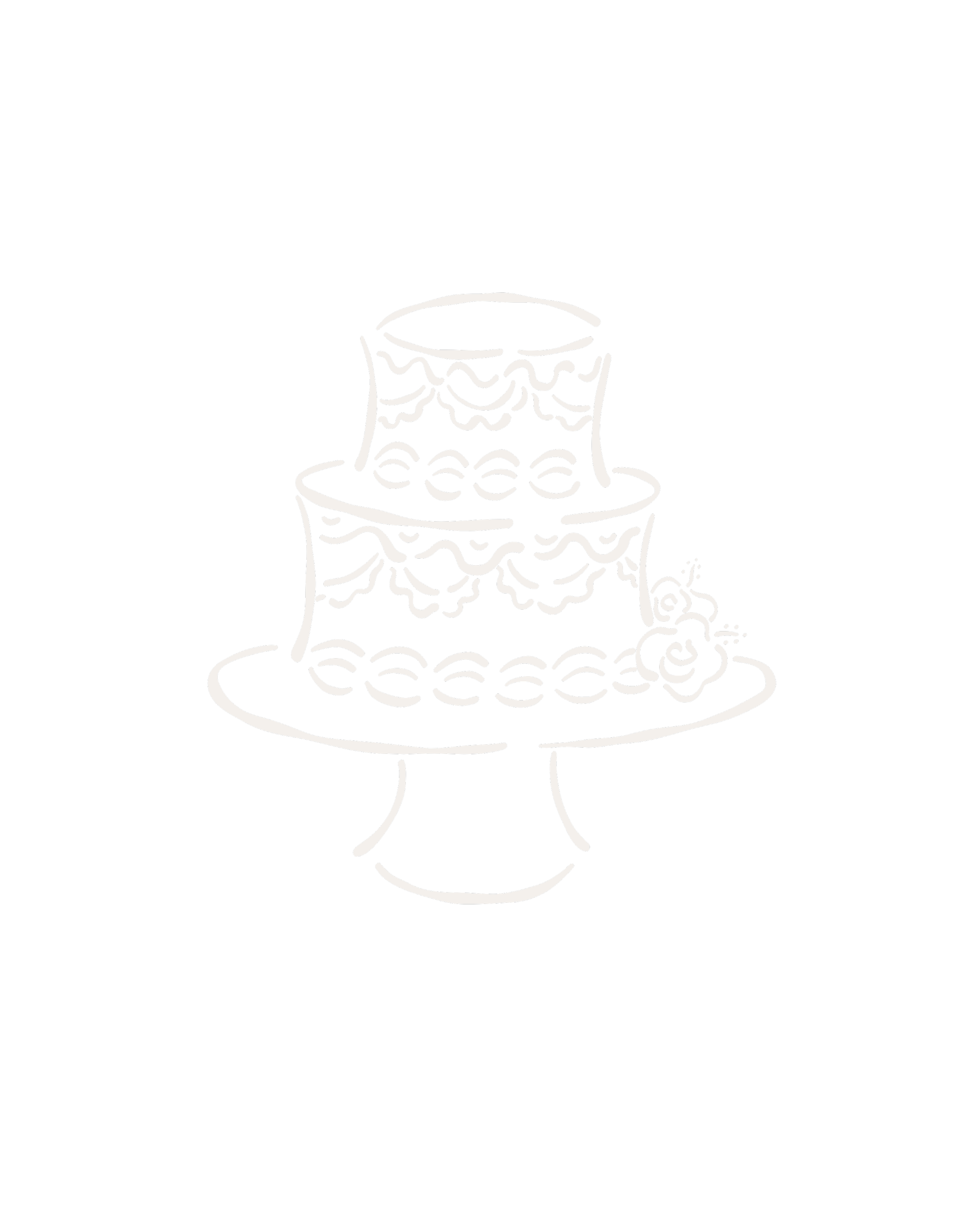 Line drawing of a three-tiered wedding cake with floral decorations, on a cake stand