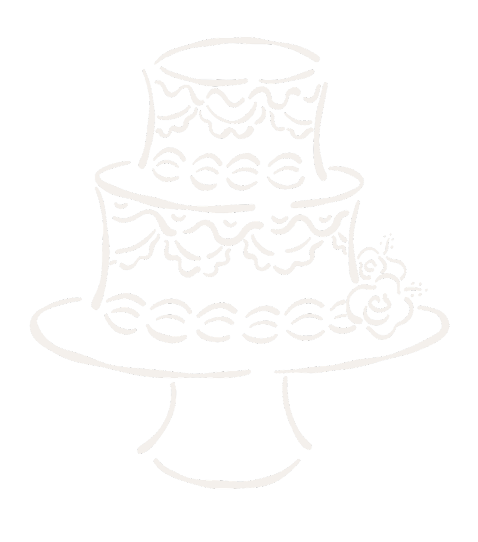Line drawing of a tiered cake on a stand, decorated with flowers on the side, against a black background.