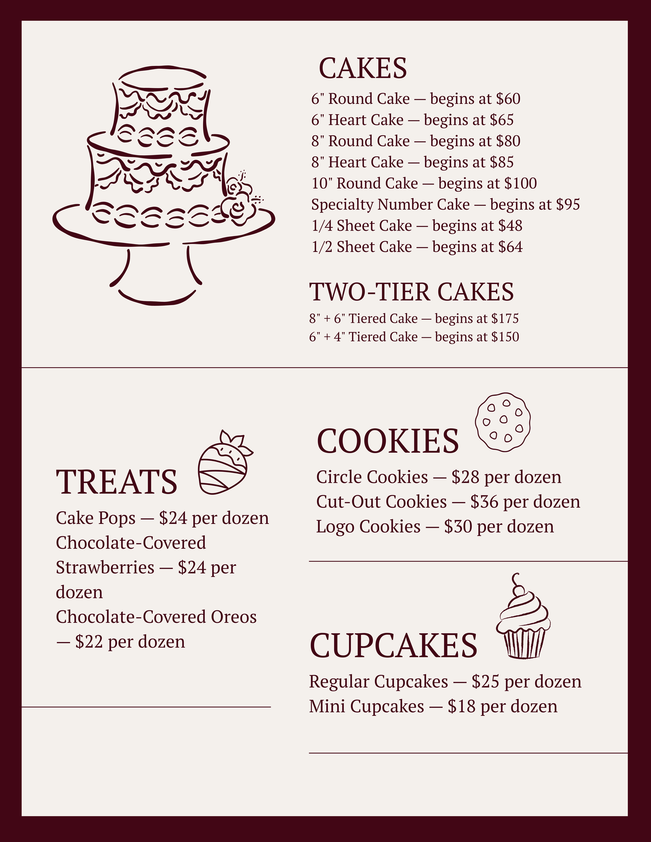 A bakery menu with sections for cakes, tiered cakes, treats, cookies, and cupcakes, featuring various sizes and prices.