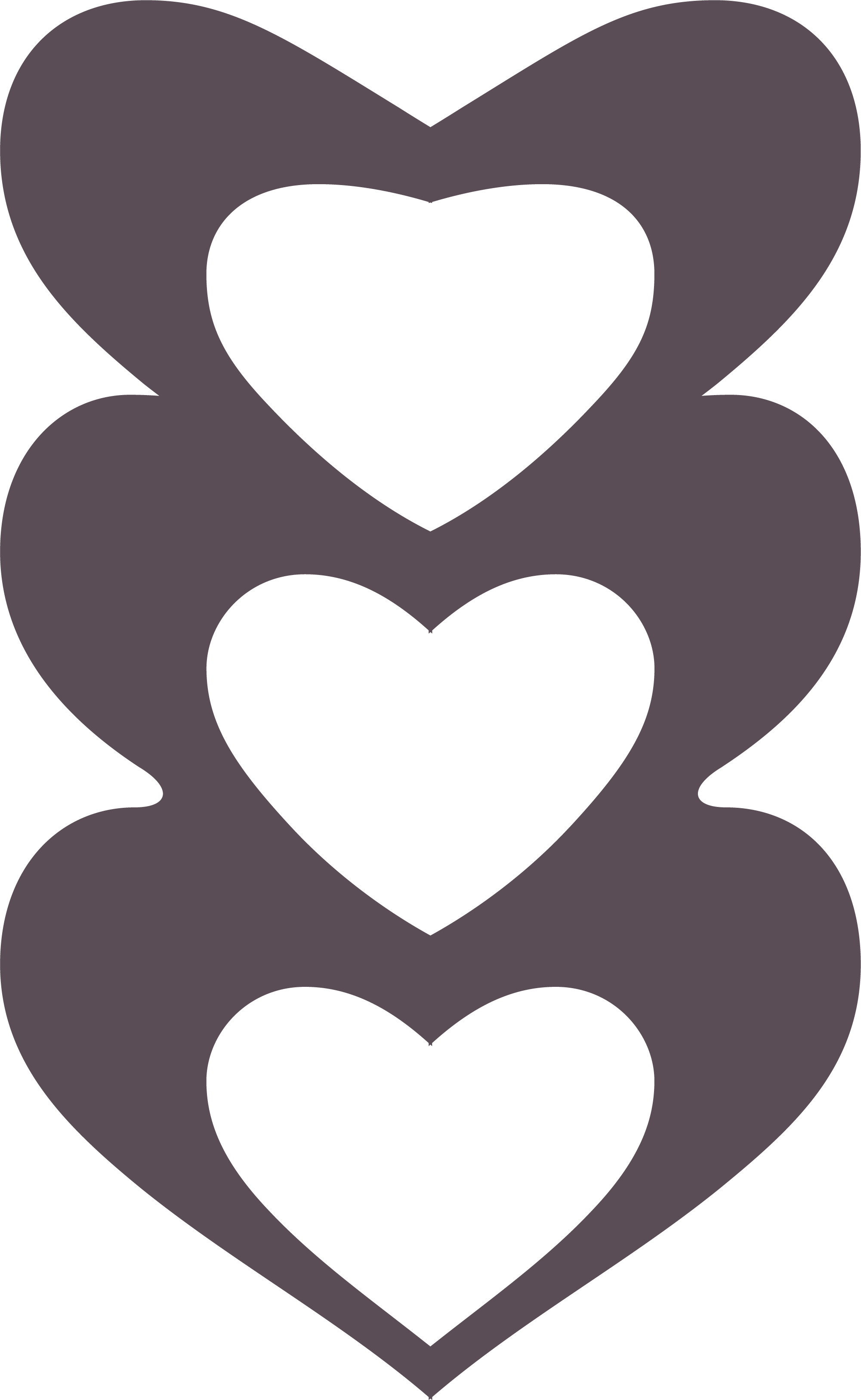 Four purple hearts with smaller black hearts inside, stacked vertically.