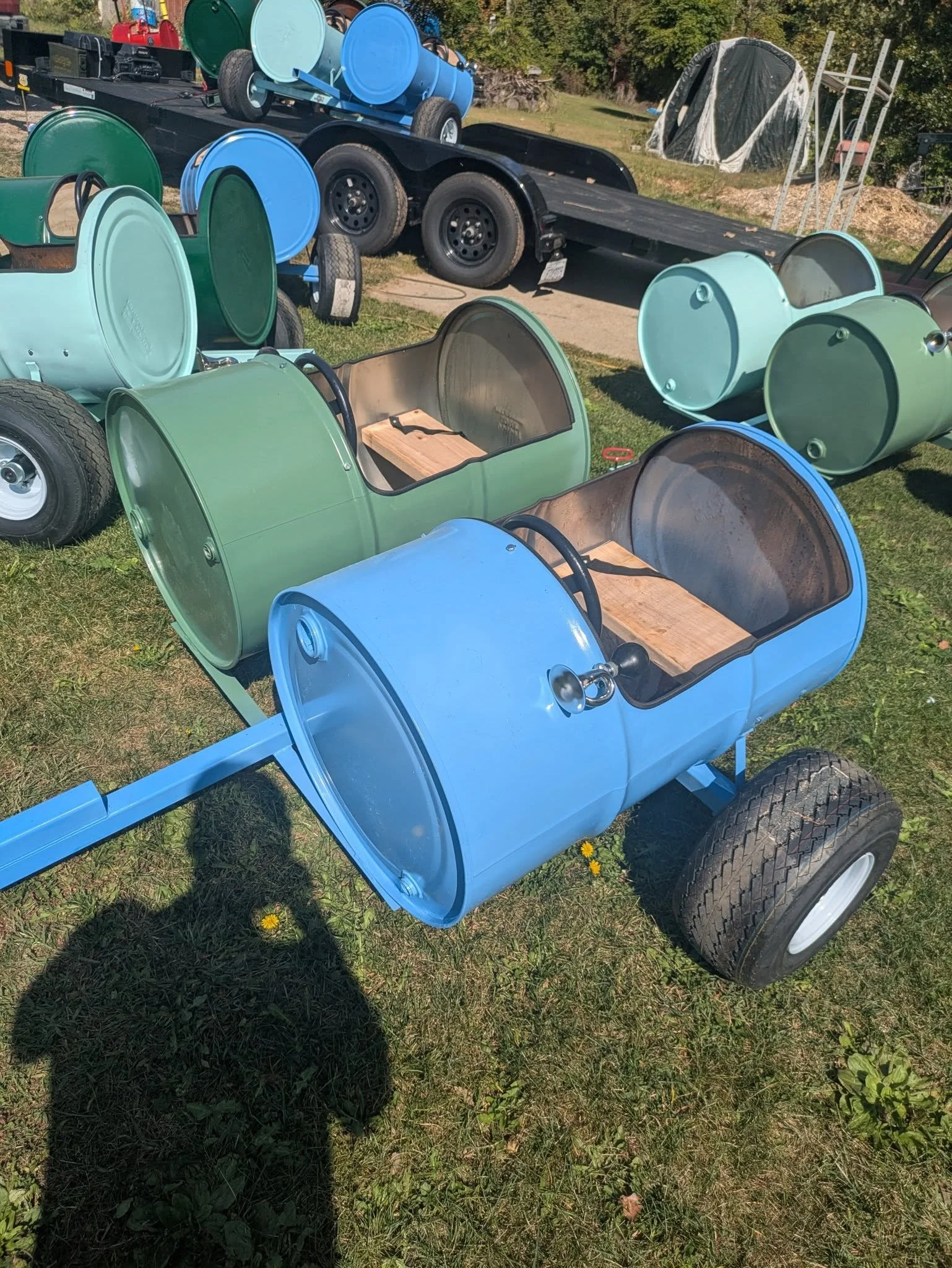 Double barrel train car for a semi-local family owned farm