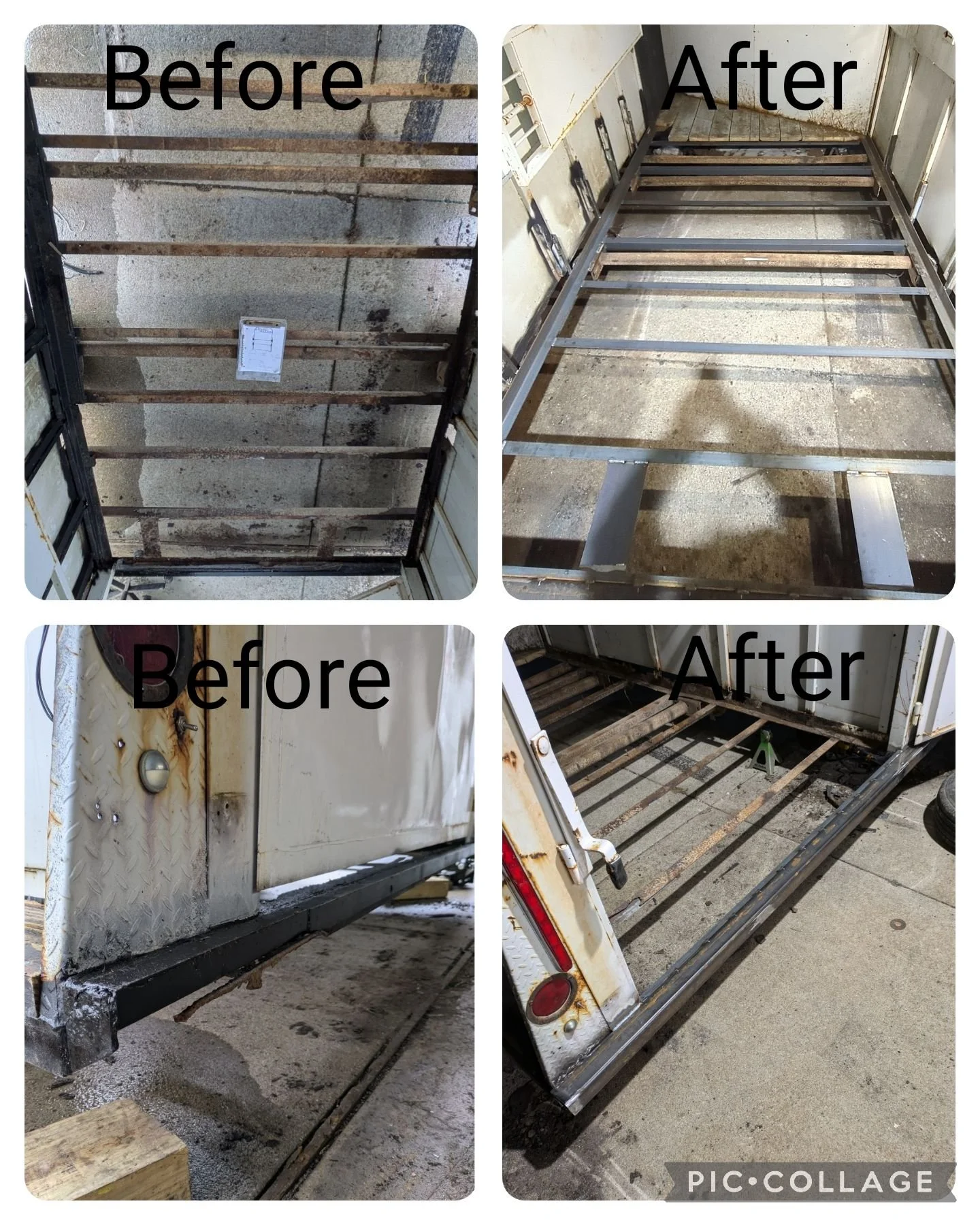 -Top pics are the steel frame of a 12' horse trailer floor
-Bottom pics is the rear bumper of the horse trailers bumper
